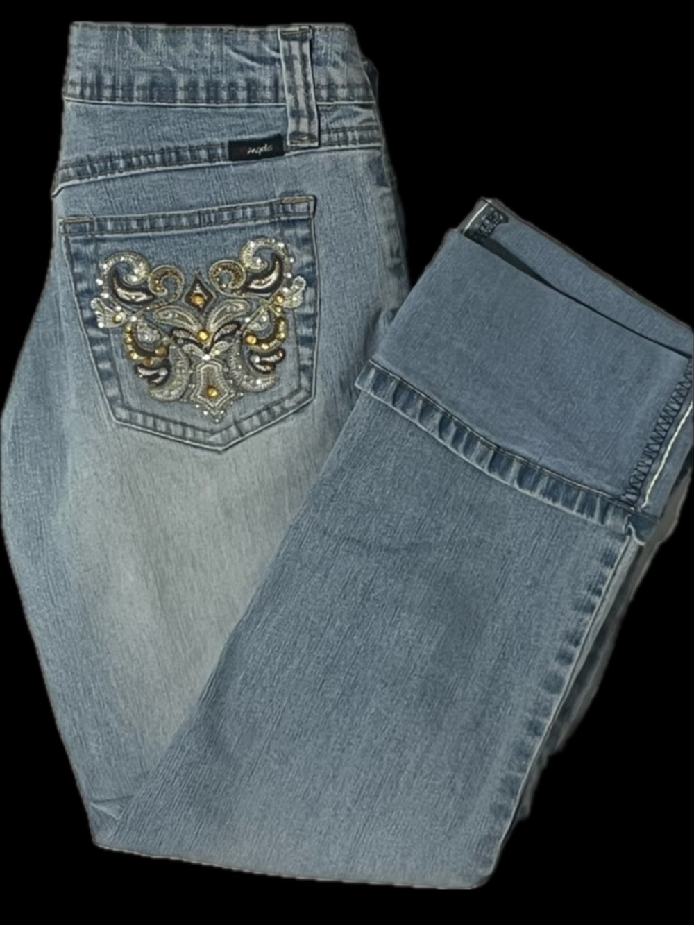 Angels Jeans Stretch Hipster cropped capri cuff light Denim gold crystal design